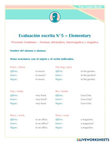 Evaluación sobre Presente Continuo