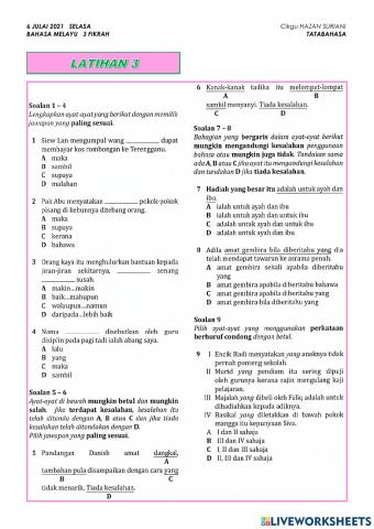 Latihan 3: KATA HUBUNG Selasa 6 JULAI 2021