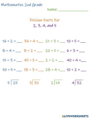 Division Facts For 2, 3, 4, and 5