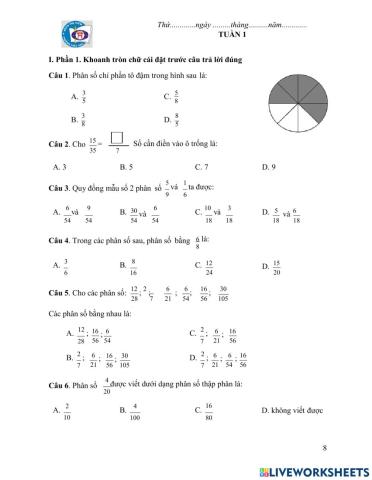 Bài tập cuối tuần 1-Toán 5