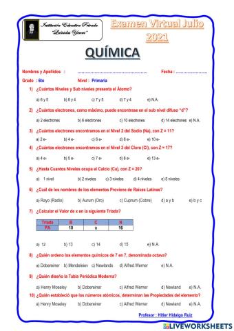 Examen Química 6to Prim Julio 2021