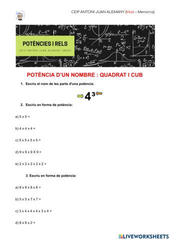 Potència d'un nombre + quadrat i cub