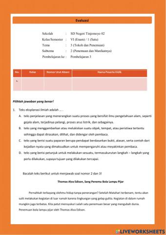 Evaluasi Tema 3 Subtema 2 Pembelajaran 3