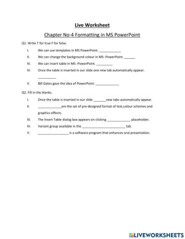 Computer Live Worksheet Chapter 5