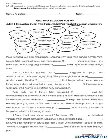 S.p 4.1.1 prosa asal padi (sinopsis, tema, persoalan, watak perwatakan)