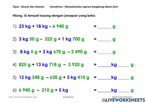 Operasi bergabung tambah dan tolak melibatkan kg dan g