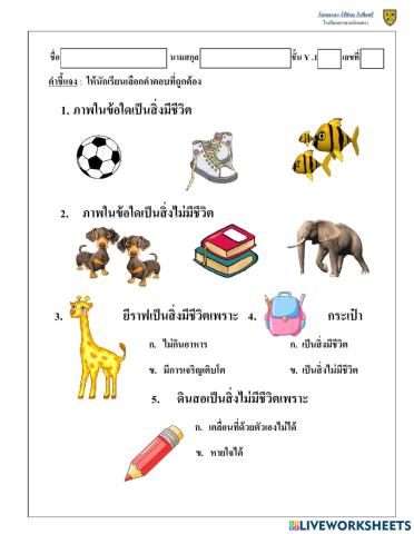 แบบทดสอบเรื่องสิ่งมีชีวิตและสิ่งไม่มีชีวิต