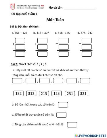 Ôn tập cuối tuần 1 - Toán + Tiếng Việt