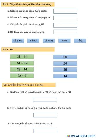 Toán 2 - Tên gọi các thành phần trong phép tính