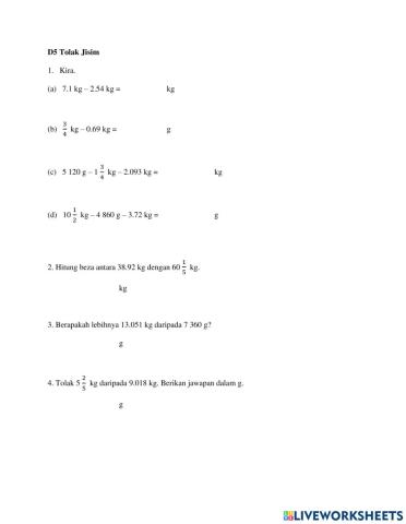 Matematik Tahun 5 : Tolak Jisim