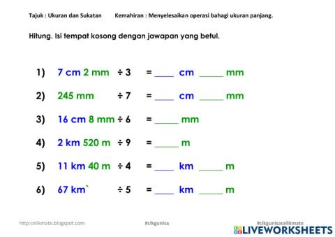 Bahagi melibatkan cm-mm dan km-m