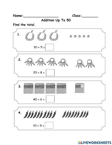 Addition of Numbers Up to 50