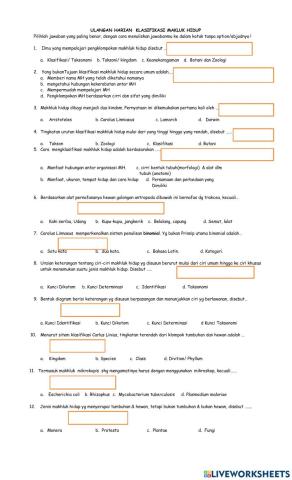 Ulangan Harian Klasifikasi Makhluk Hidup