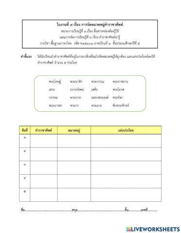 ใบงานคำราชาศัพท์