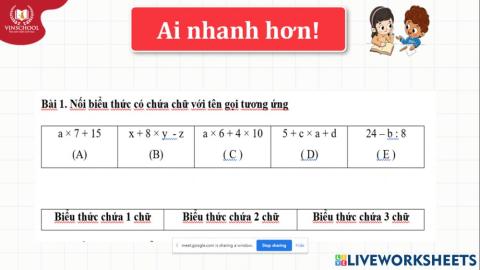 Bài tập 1-Luyện tập Biểu thức có chứa chữ