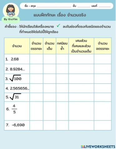 แบบฝึกทักษะ เรื่อง จำนวนจริง