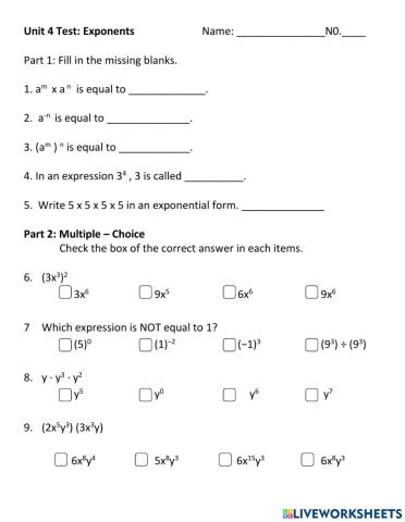 Unit 4 test Exponent M1-9