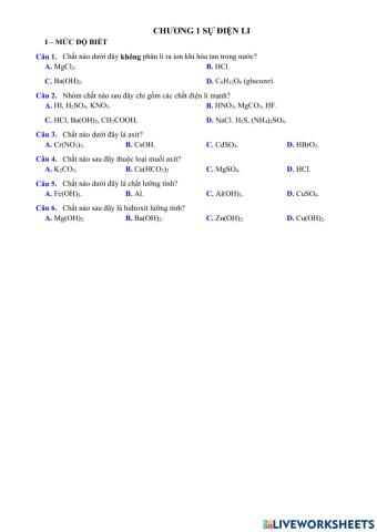 BTTN sự điện li - mức độ biết (6 câu)