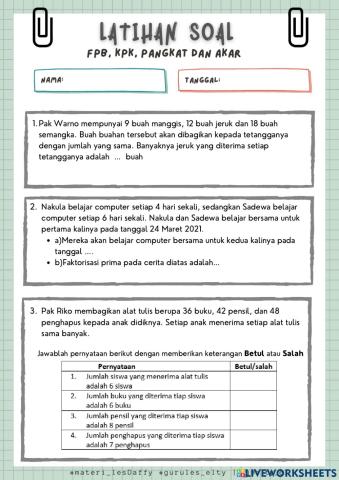 Latihan Soal FPB, KPK, PANGKAT - AKAR