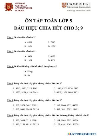 Dấu hiệu chia hết cho 3-9