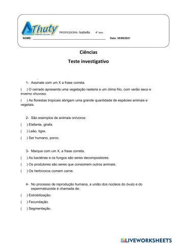 Teste investigativo de Ciências- 4º ano