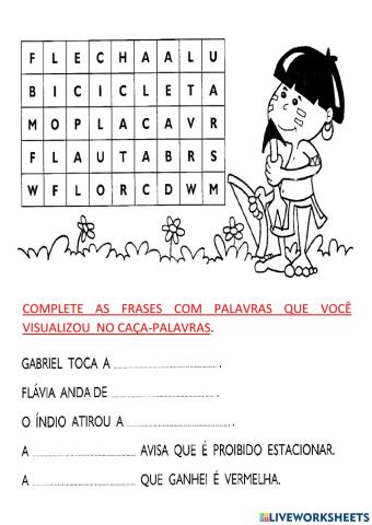 Complete as frases com palavras do caçã-palavras