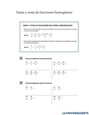 Suma y restas de fraccione homogéneas