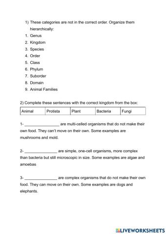 Animal Classification Worksheet