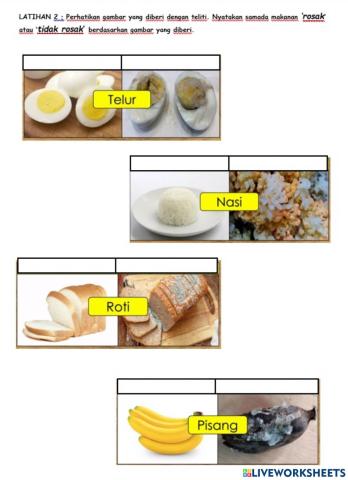 LATIHAN 2 : Perhatikan gambar yang diberi dengan teliti. Nyatakan samada makanan ‘rosak’ atau ‘tidak rosak’ berdasarkan gambar yang diberi.