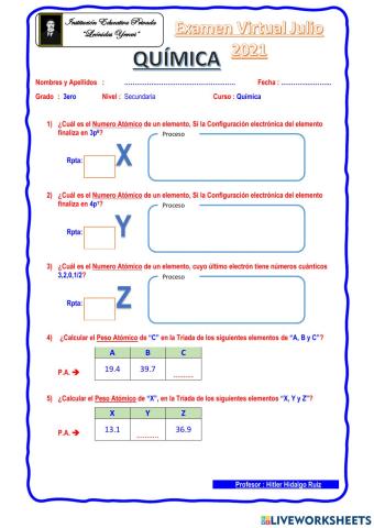 Examen Química 3ero Sec.