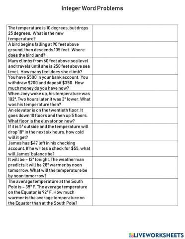 Integer Word Problems Practice