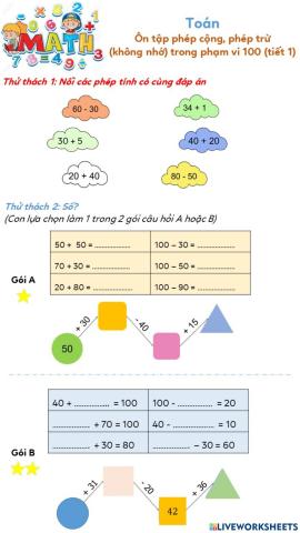 Ôn tập phép cộng, phép trừ  (không nhớ) trong phạm vi 100 (tiết 1)