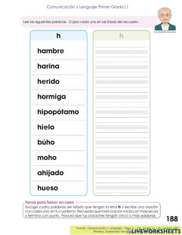 Comunicación y Lenguaje 1 L1 - Paso 2, p 188 - Aprendamos la letra Hh