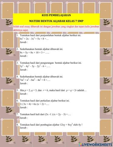 Kuis Matematika Materi Bentuk Aljabar