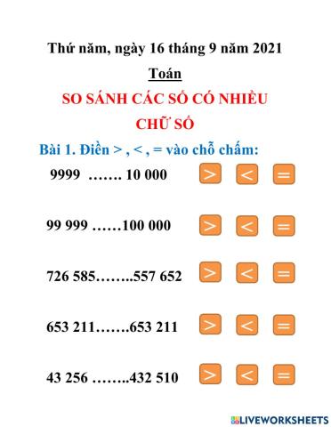 TOÁN - SO SÁNH CÁC SỐ CÓ NHIỀU CHỮ SỐ