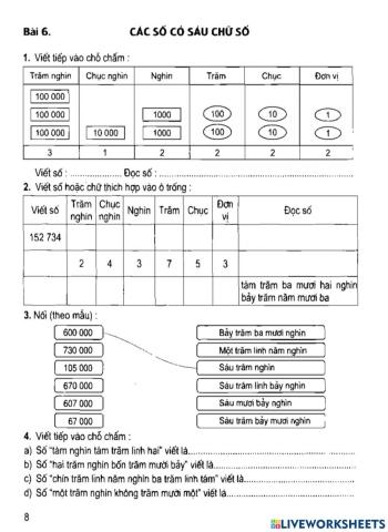 VBT Toán - Bài 6: Các số có sáu chữ số