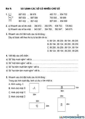 VBT Toán - Bài 9: So sánh các số có nhiều chữ số