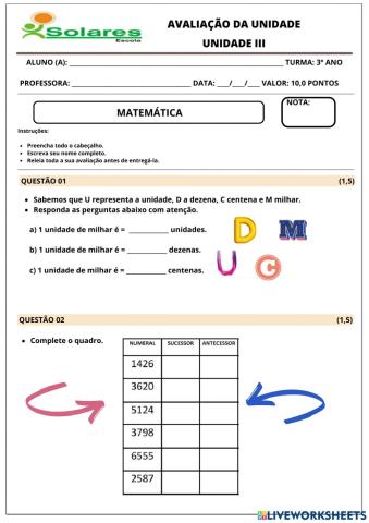 Avaliação matemática 3ª unidade