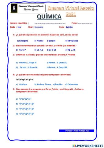 Examen de Quimica 3ero Sec