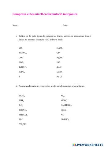 Prova inicial formulació inorgànica batxillerat