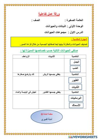 ورقة عمل مجموعات تاحيوانات