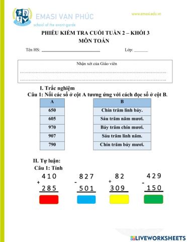 Phiếu kiểm tra tuần 2 lớp 3