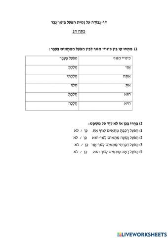 דף עבודה על נטיית הפועל בזמן עבר עמוד 11 כיתה ה1