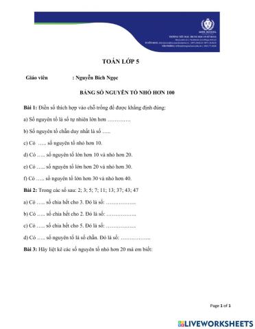 5A HW - 16-9-2021 - Bảng số nguyên tố