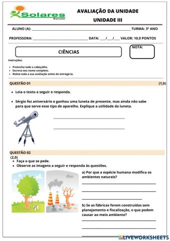 Avaliação ciências 3ª unidade