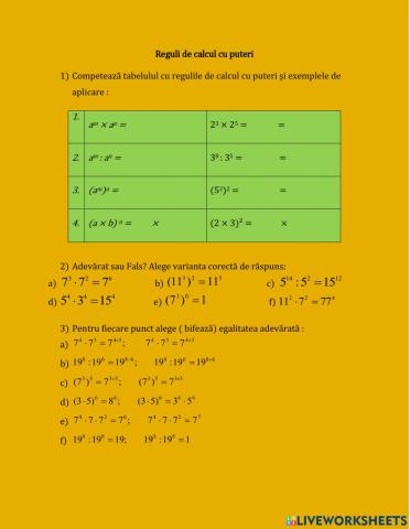 Reguli de calcul puteri-Clasa VI