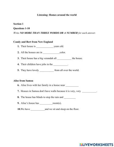 End of term Listening Practice - Homes around the world
