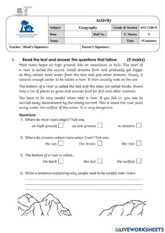 Features of a river - reading comprehension