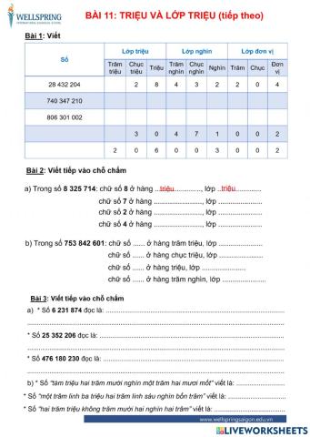 Bài 11: Triệu và lớp triệu (Tiếp theo)