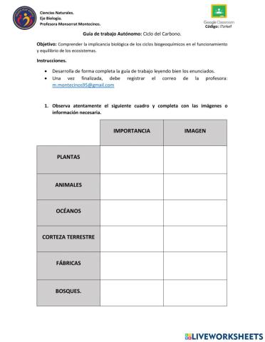 Guía trabajo autónomo: Ciclo del Carbono.